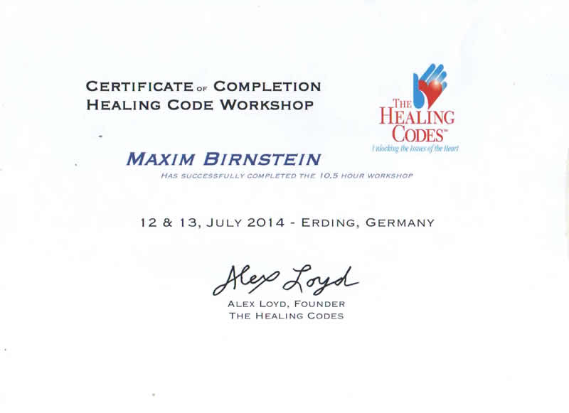 Weiterbildung, Zertifikat in Energiearbeit maxim Birnstein, Dr.A. Loyd 