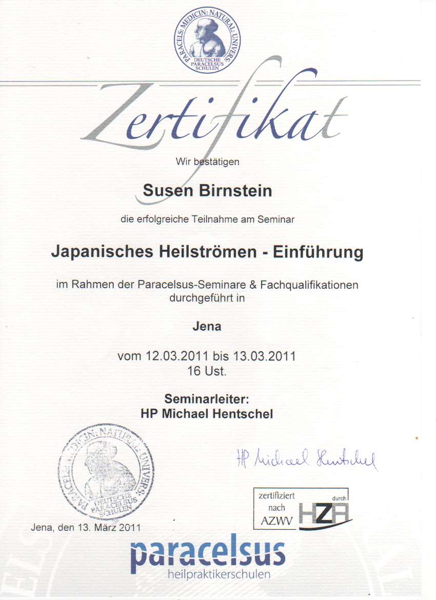 Seminar Japanisches Heilströmen, Zertifikate, Susen Birnstein