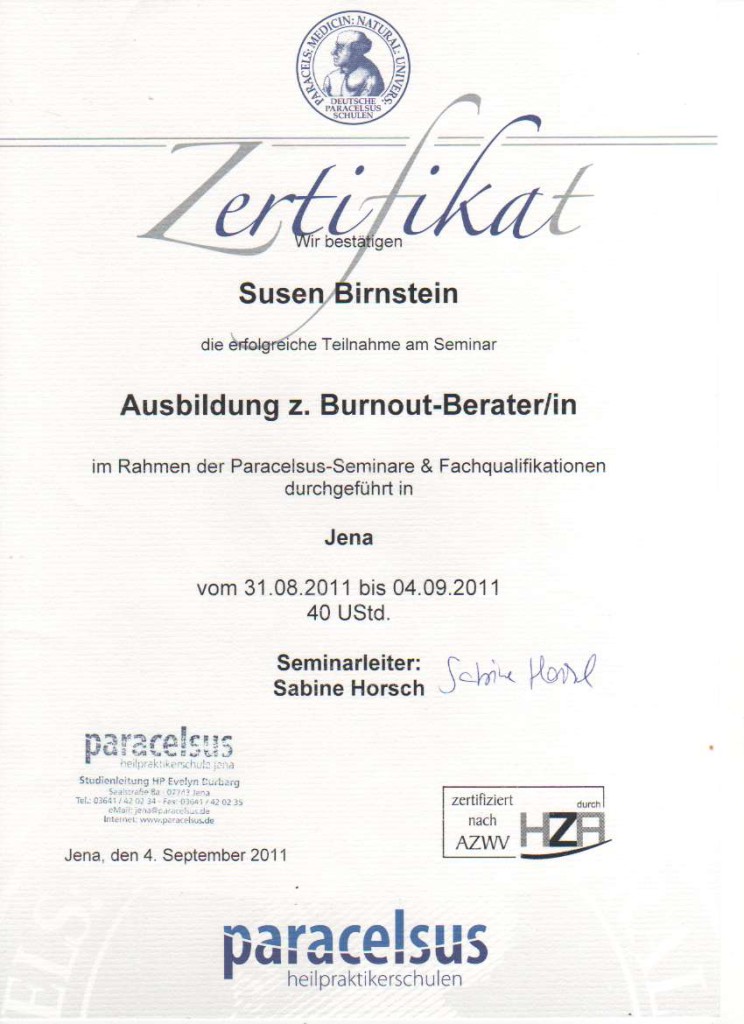 Zertifikate Burnout , Semiar Susen Birnstein