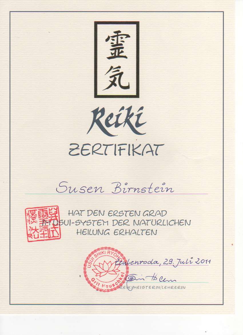 Reiki Susen Birnstein, Physiotherapeutin, Zertifikate